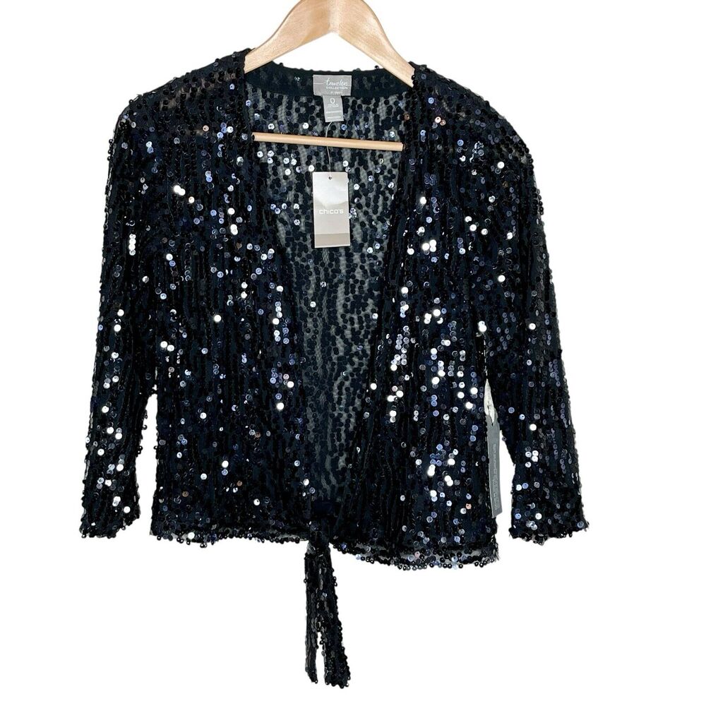 Chicos Travelers Collection Sequin Ginger Jacket Black Womens Small 0